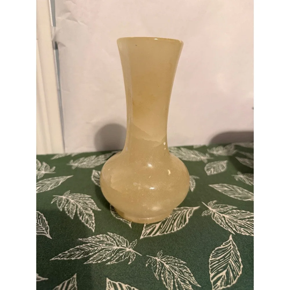 Vintage Genuine Alabaster Floral Rose Bud Vase Made in Italy Cream Stone 6.5in